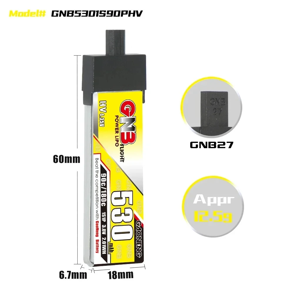 6PCS GNB 1S 530mAh 3.8V 90C HV Lipo Battery With A30 GNB27 PH2.0 Plug For Cetus Pro FPV Drone DIY Parts VS BETAFPV BT2.0 450mAh