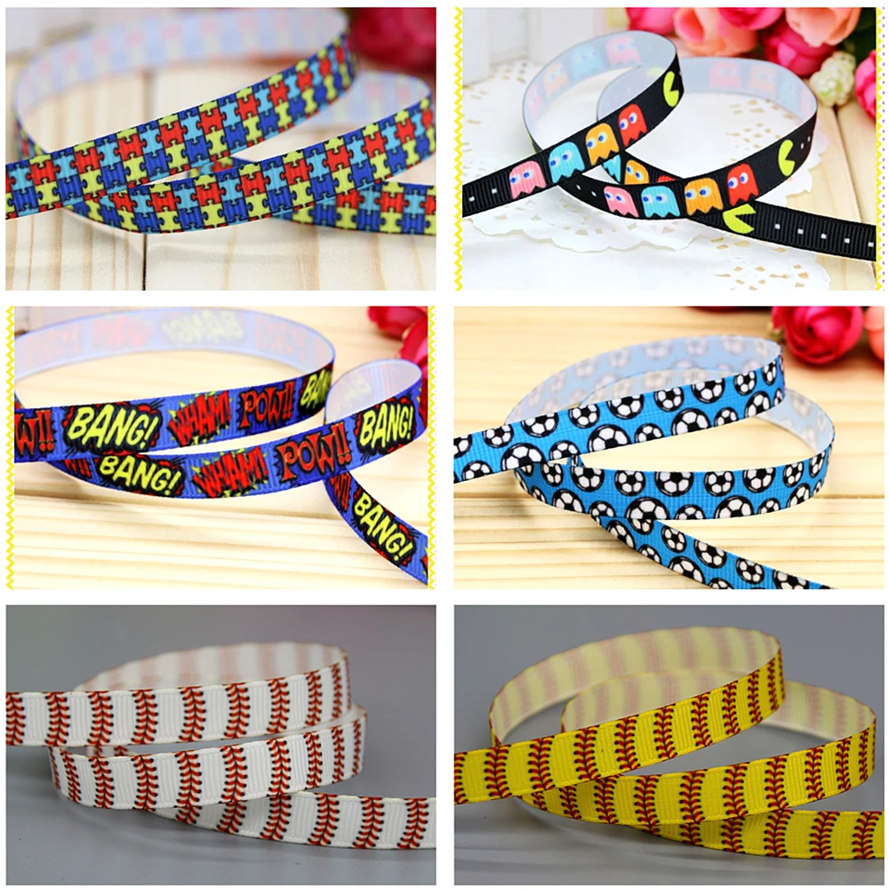 DHK 3/8'' 5yards Autism Game Hero Football Ball Printed Grosgrain Ribbon Hair Bow Diy Party Decoration Wholesale OEM 9mm C1333