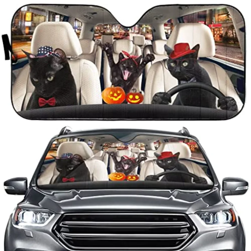 Black Cat Driving Auto Windshield Sun Shade Cute Cat Family Car Sunshades Front Window Funny Animal Shade Truck Pickup SUV Visor