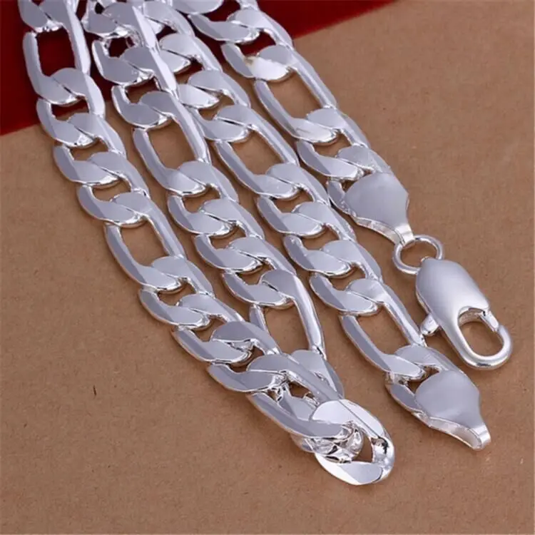 

European and American 925 sterling silver Figaro chain men's 12mm flat edge heavy Cuban necklace charm jewelry wedding party