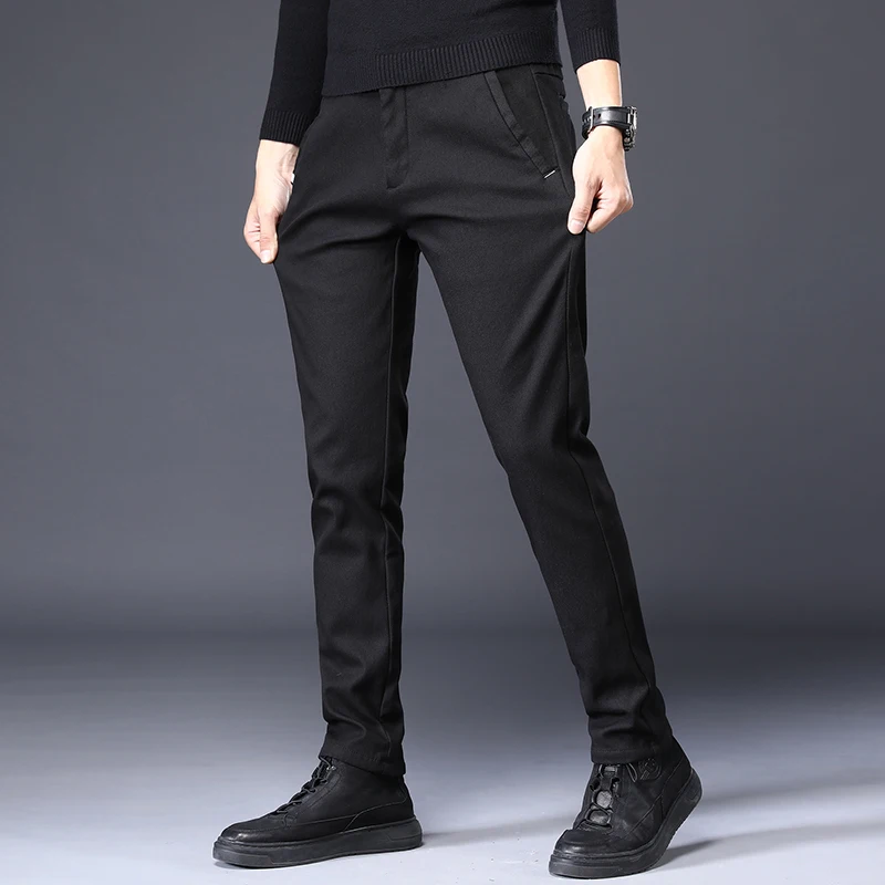 2024 New Business Casual fleece Pants Men Classic Solid Color Fashion Slim Stretch Trouser Men Fashion Black Pants Men Joggers