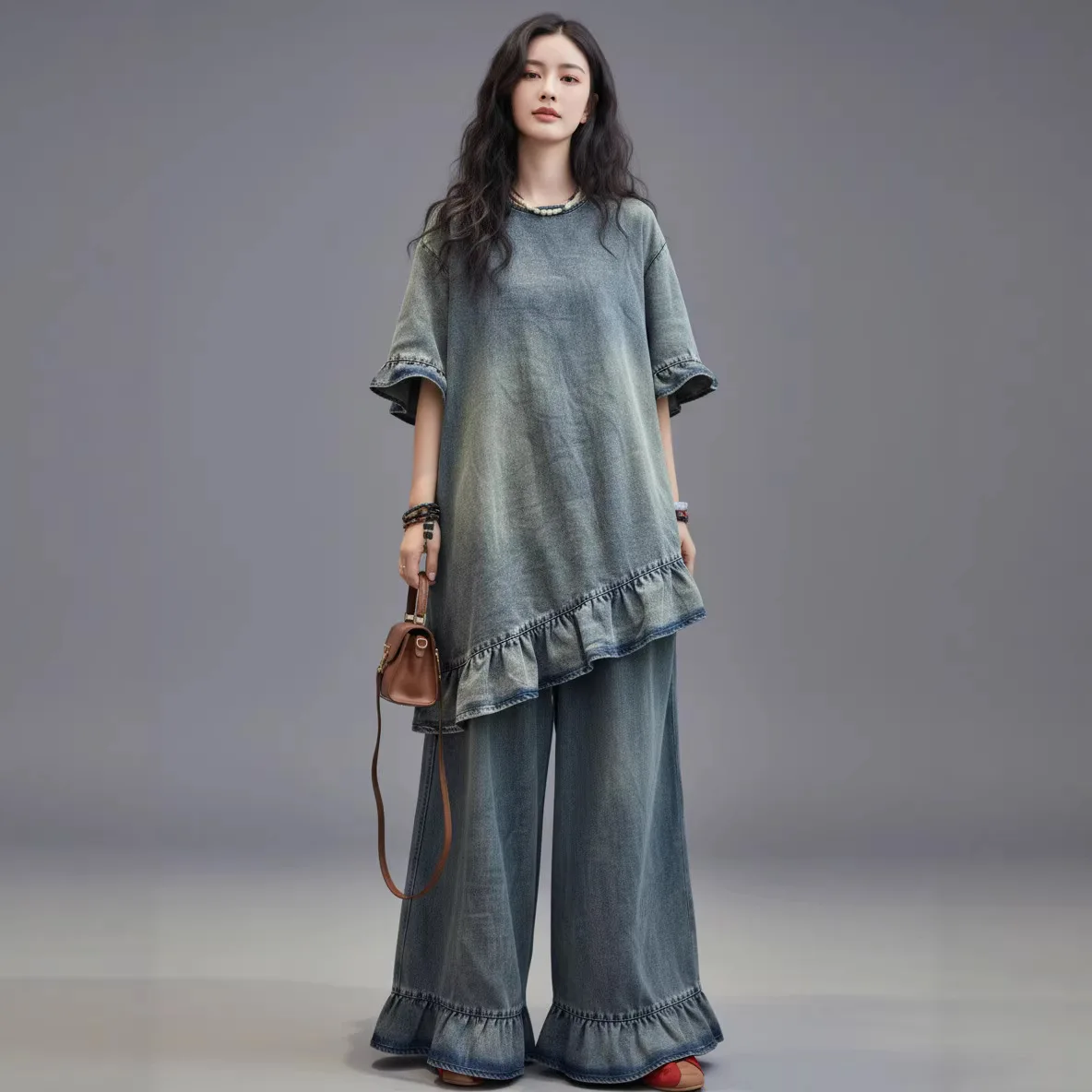 

2026 Summer female New Arrival Loose Plus-Size Set Fashion Casual Irregular Ruffle Denim Top + High-Waisted Denim Pants