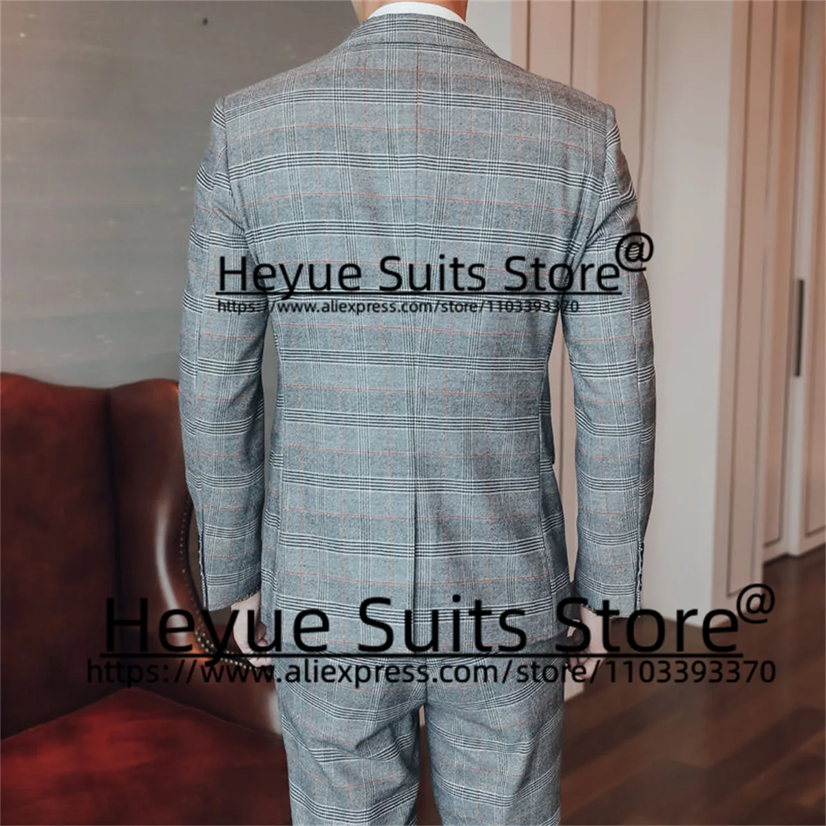 Luxuly Classic Plaid Wedding Suits For Men Slim Fit Peak Lapel Groom Formal Tuxedos 3Pcs Sets Business Male Blazer Costume Homme
