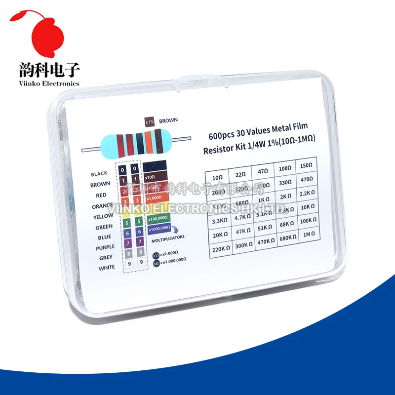 

600Pcs 1/4W 1% 1R-1M Metal Film Resistor Kit 30 Values 10 ohm ~ 1M Resistance 1% Set DIY Pack Electronics Components
