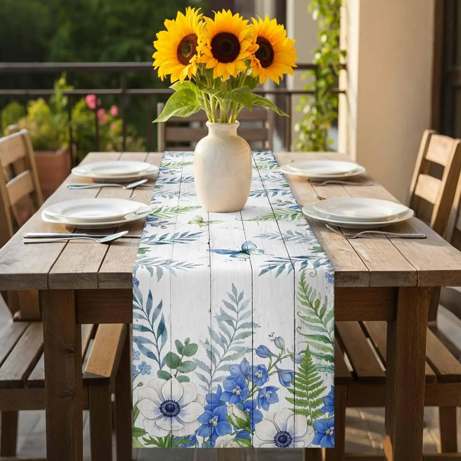 

Blue Flower Leaves Butterfly Print Linen Table Runner Party Decor Watercolor Leaf Floral Wood Grain Table Runners Wedding Decor