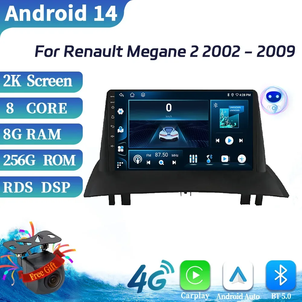 Android 14 For Renault Megane 2 2002-2009 Car Head Unit Radio Multimedia Navigation GPS Wireless BT Carplay Stereo Touch Screen