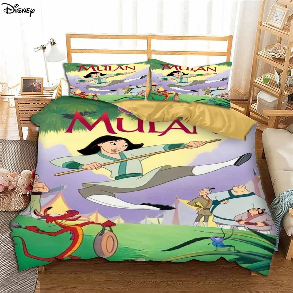 Disney-juego de ropa de cama para adultos y niños, edredón de princesa Mulan, funda de almohada, 2/3 piezas