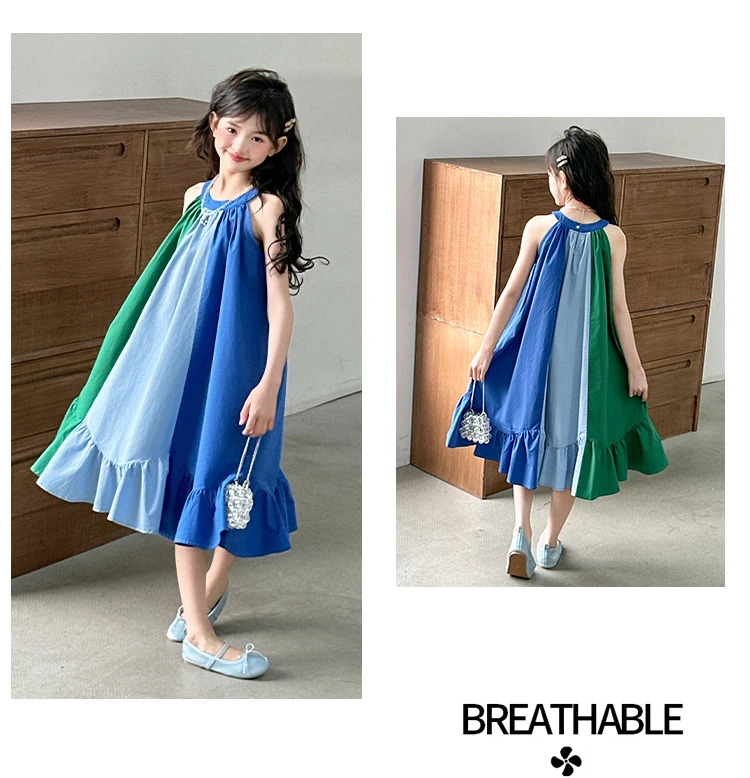 Mädchenkleid mit süßem Farbblock-Design für Sommerkostüme, Baumwolle, hohe Qualität, Kinderkleidung für Alter 7 8 9 10 12 14 Jahre – Detail 3