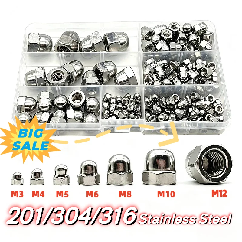 Acorn Nut Set Kits 201/304/316 Stainless Steel Hexagon Cover Dome Cap Nut Blind Nuts Assortment Kits M3 M4 M5 M6 M8 M10 M12