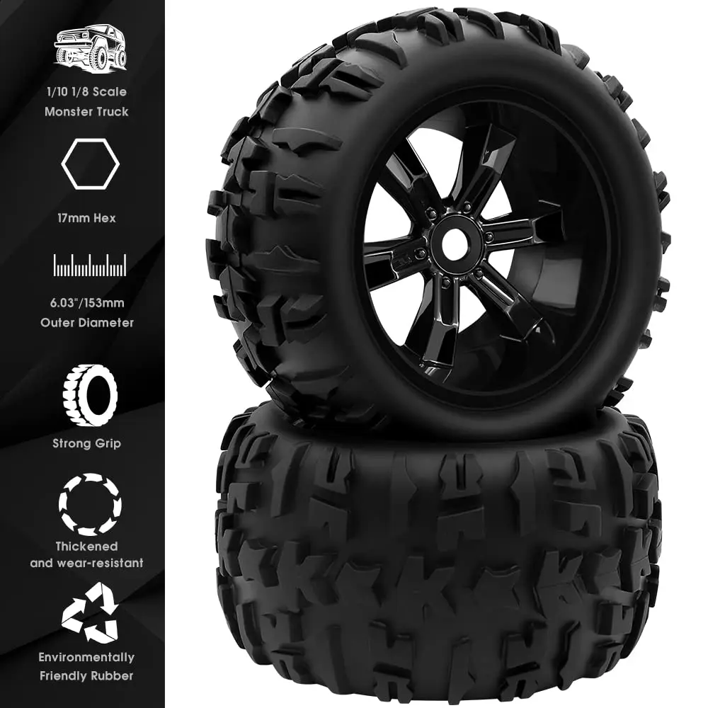 عجلات وإطارات GLOBACT 1/8 1/10 17 مم لـ 1/10 TRX ERevo T-Maxx Summit Arrma KRATON Outcast RC Monster Truck (4 قطع)