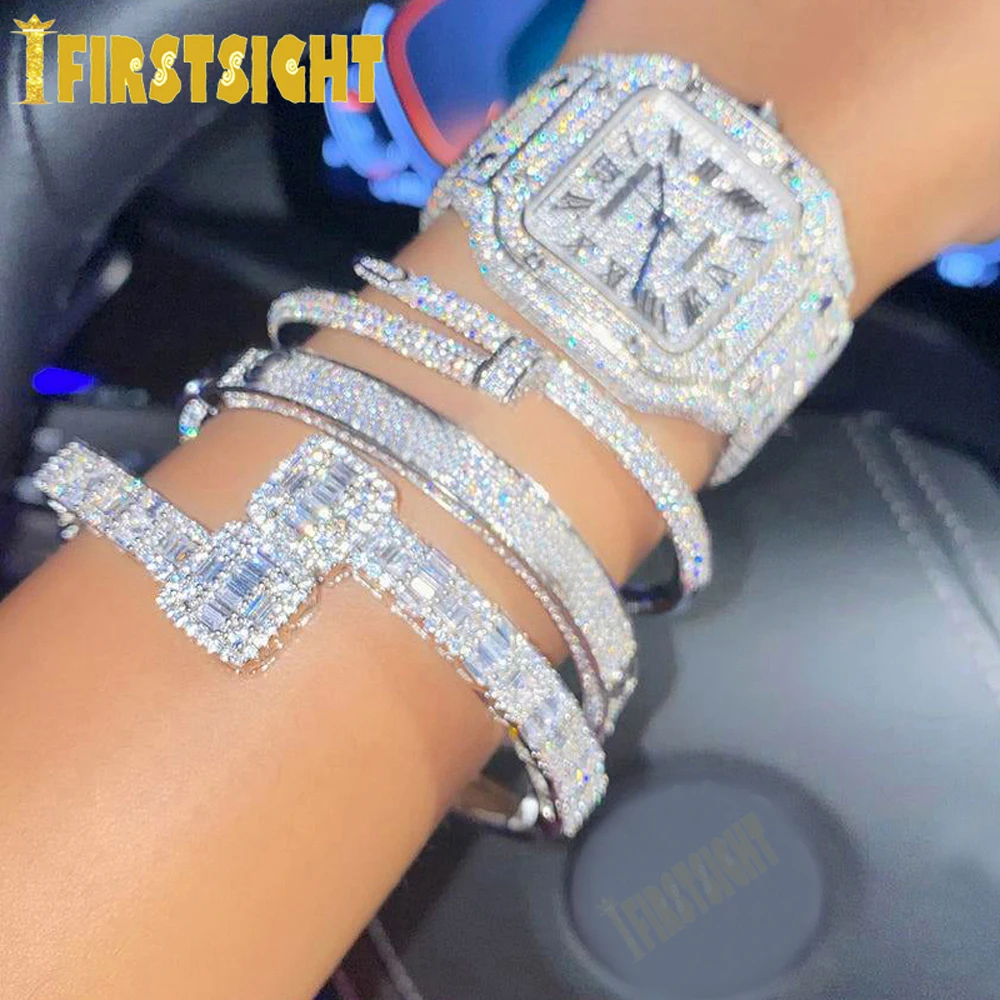 New Iced Out Bling Opened Square Zircon Charm Bracelet Gold Silver Color Rectangle AAA CZ Bangle For Men Women Hiphop Jewelry