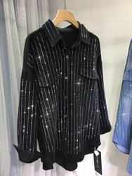 Camisa jeans média longa de strass feminina, parte superior com design de bolso, casaco manga comprida, gola virada para baixo, blusa solta, luxo, 2023