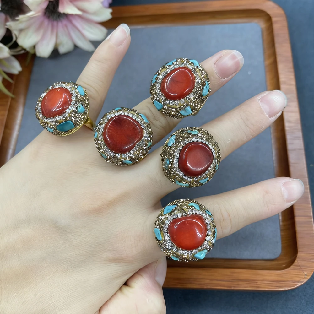 خاتم أحمر مرصع بالكريستال الفيروزي خواتم مفتوحة عرقية رائعة موضة النساء خاتم حلية مجوهرات اكسسوارات حفلات الزفاف هدايا #6
