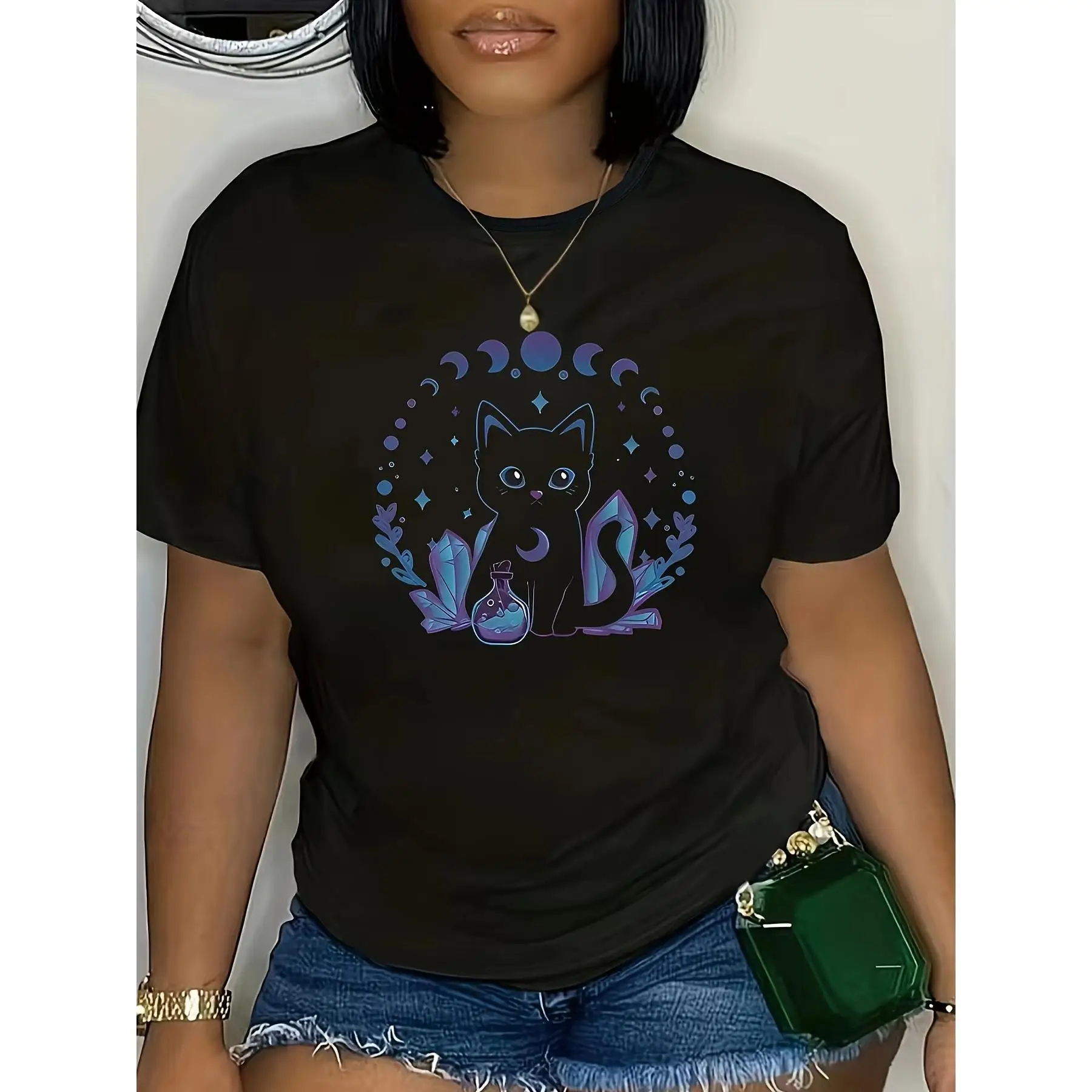 

"Mystical Cat T-Shirt. Women Men Celestial Kitten Graphic Tee. Witchy Cat Print Top. Crystals Moons Stars Pet Lover Gift."