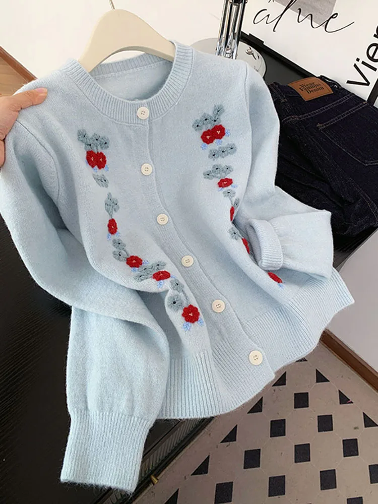 

Ladies Blue Flower Embroidery Knitted Open Cardigan Sweet Youth round Ne Sweater Jaet Korean Sle Medium Thin Long ...