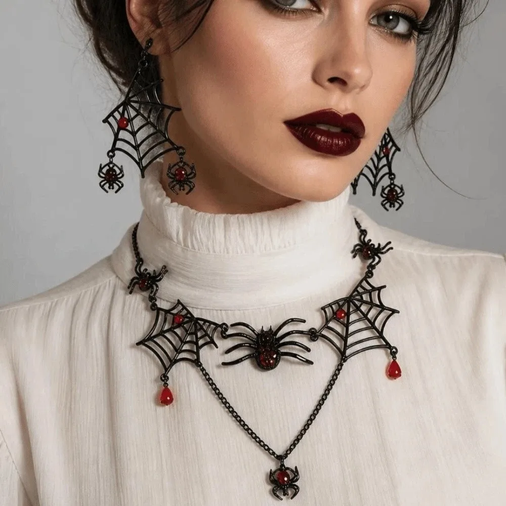 Vintage Rhinestone Halloween Spider Ornate Black-Toned Gothic Jewelry Set Zinc Alloy Eye-Catching Earring Set Cosplay