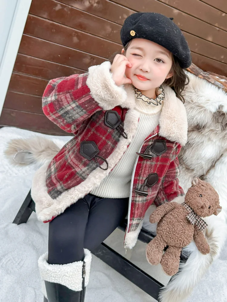 

Thiened Autumn Winter Plaid Children's Outerwear for Girls Faionable Casual Loose Fit Long Sve Warm Coat without Hat