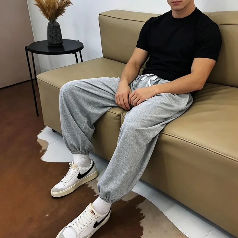 

European American Retro Fashion High Street Solid Color Autumn Loose Casual Drawstring Elastic Waist Pants Men Women's Clothing