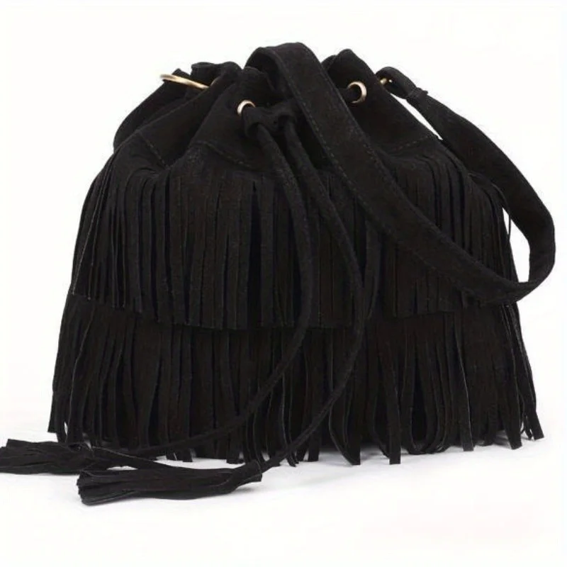 Fashion Soft Velvet Frosted Tassel Bag for Women with Drawstring Bucket One Shoulder Straddle Bag