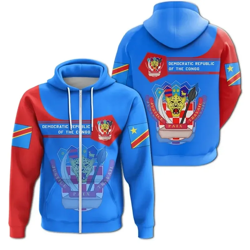 Harajuku 3D Republic-of The Congo Map Printing Zip Up Hoodies Congo Ethnic Coat Of Arms Graphic Zipper Hoodie Fashion Sweatshirt