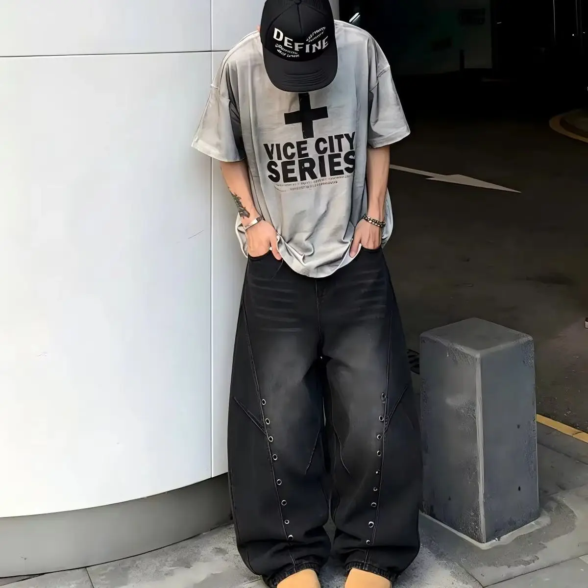 Vintage American Washed Deconstructed Curved Jeans Unisex Oversized Wide Leg Floor Sweep Cargo Pants Unisex Streetwear Trousers