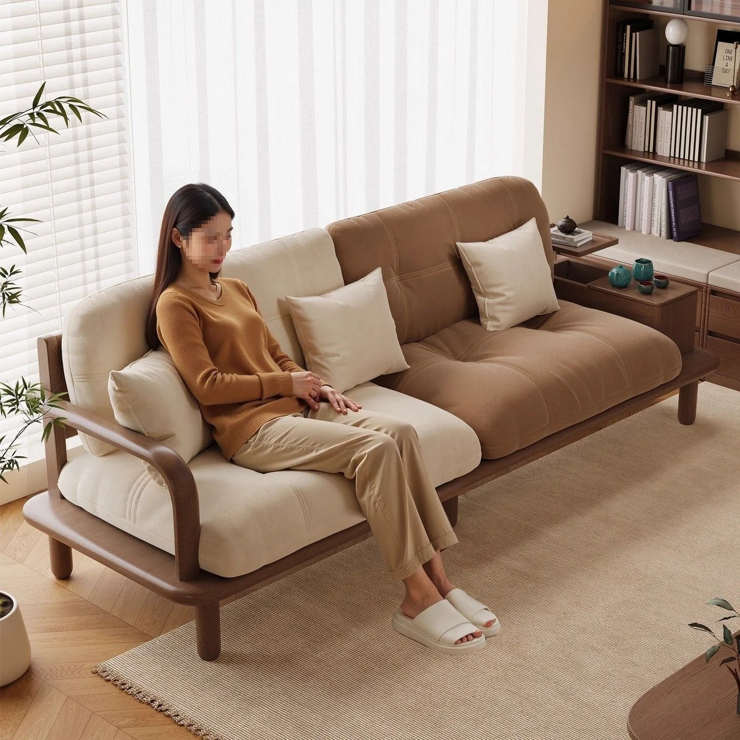 LH solid wood living room home new Chinese straight row small apartment double three-person fabric sofa