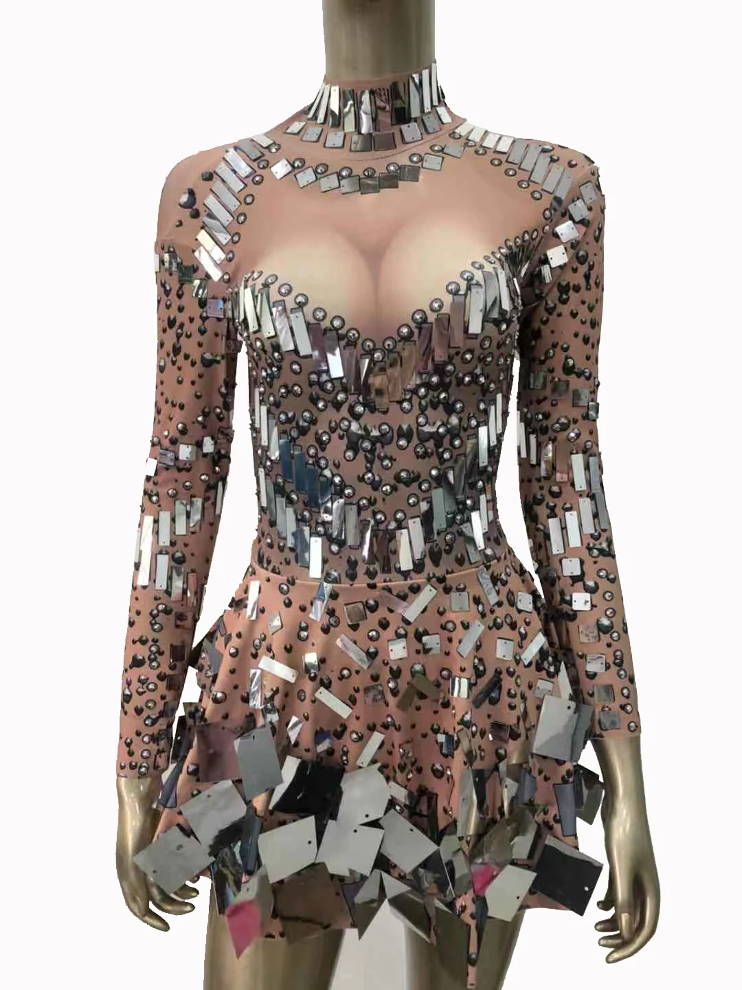 Robe brillante à strass et miroirs argentés pour femmes, tenue de chanteur et de danseuse, body brillant, Costume une pièce pour boîte de nuit, vêtements de Performance