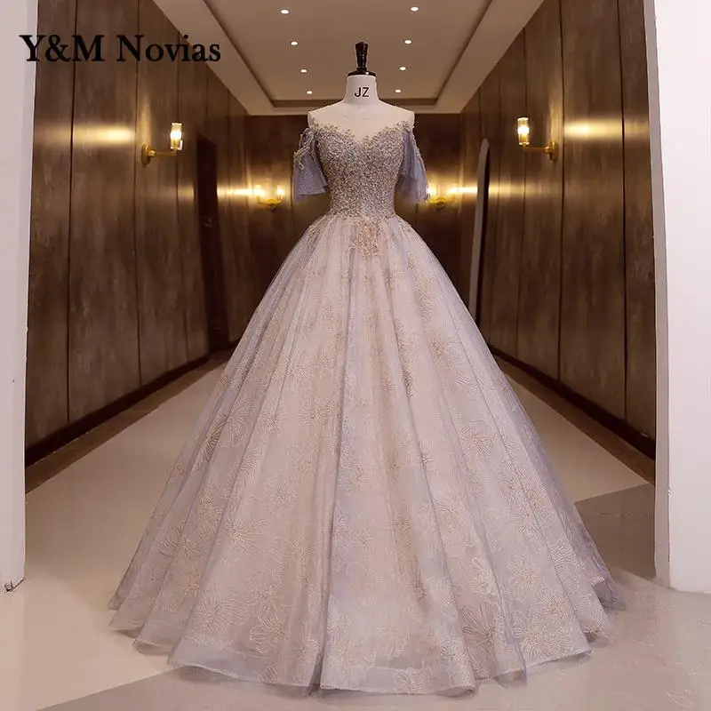 Y & M Novias قصيرة الأكمام الحلو 16 الذهب الزهور Quinceanera فستان Vestido دي 15 Anos دي Debutante 2022 جديد الكرة ثوب ثوب