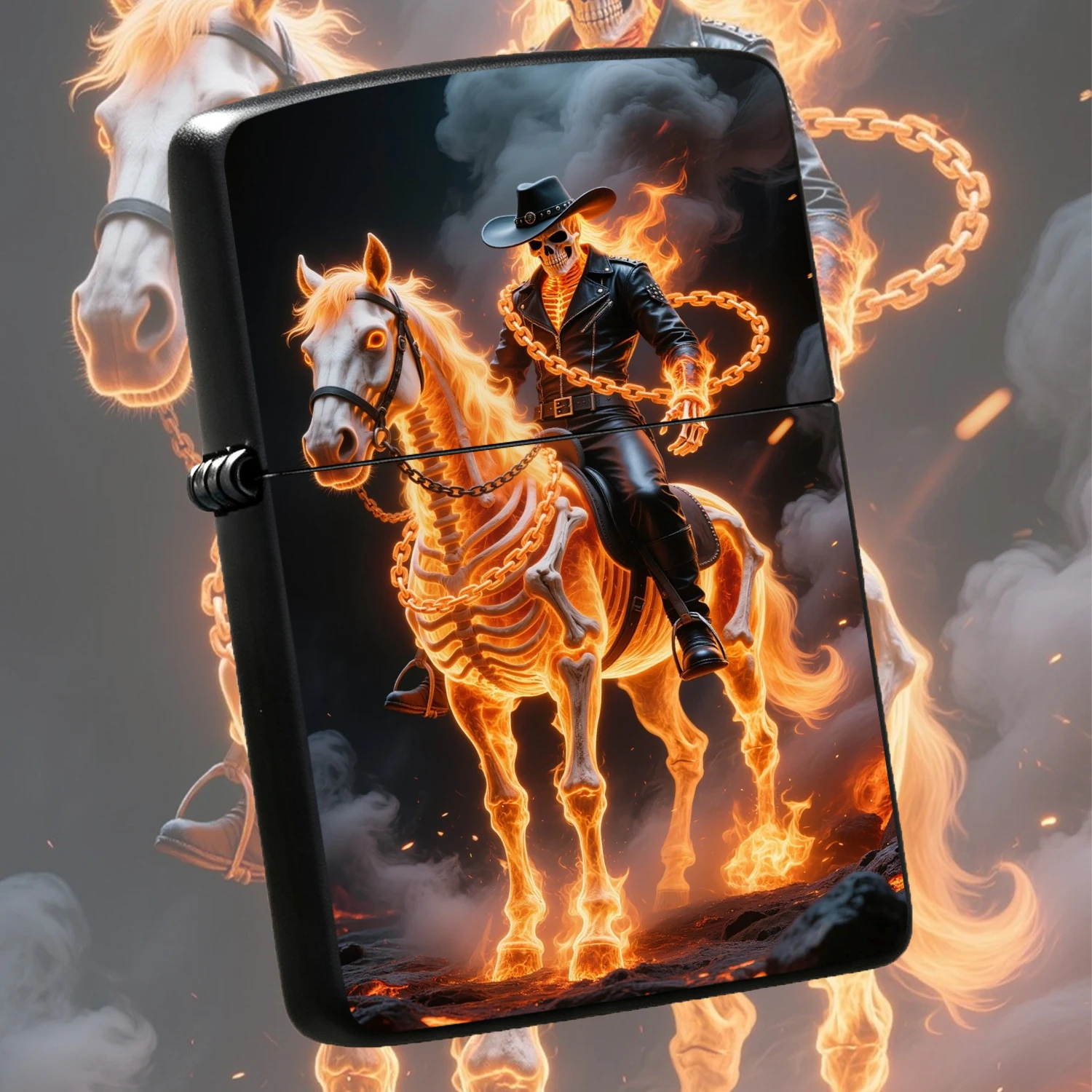 Cool Rider Cowboy Themed Lighter, Stylish Fiery Skeleton Knight Riding Flaming Bone Horse Design, Portable Versatile Ignition Accessory For Daily Use, Outdoor Indoor Multi-Scene Practical Gift, Trendy Collectible Decor With Stunning Flame V