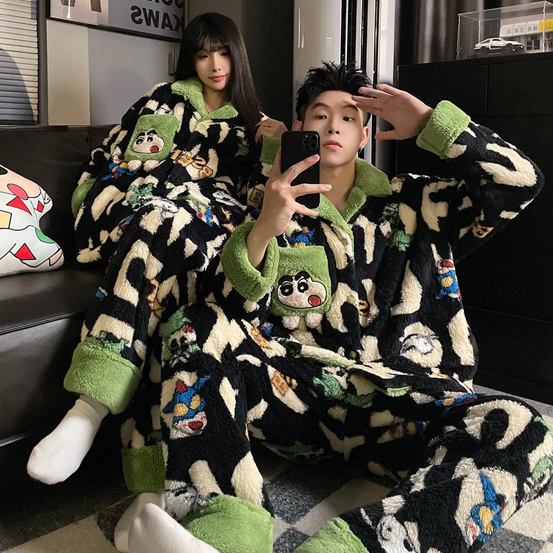 Crayon Shin-chan Pajamas Set Winter Women Men Solid Warm 2PCS Thicken Velvet Fleece Set Couple Casual Pajama Sets Home Suit Gift