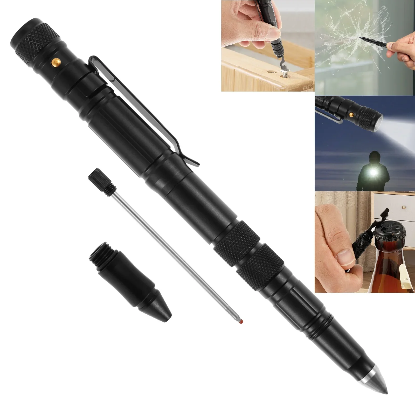 

Multitool Tech Pen with LED Lighting Escape Window Breaker with Cutting Multifunctional Metal Pen for Emergencies OR as Opener