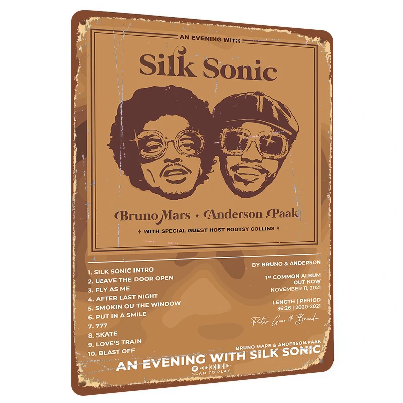 Silk Sonic Bruno Mars Anderson Paak Retro Music Poster Custom Metal Tin Sign Wall Art Decor for Home Bar