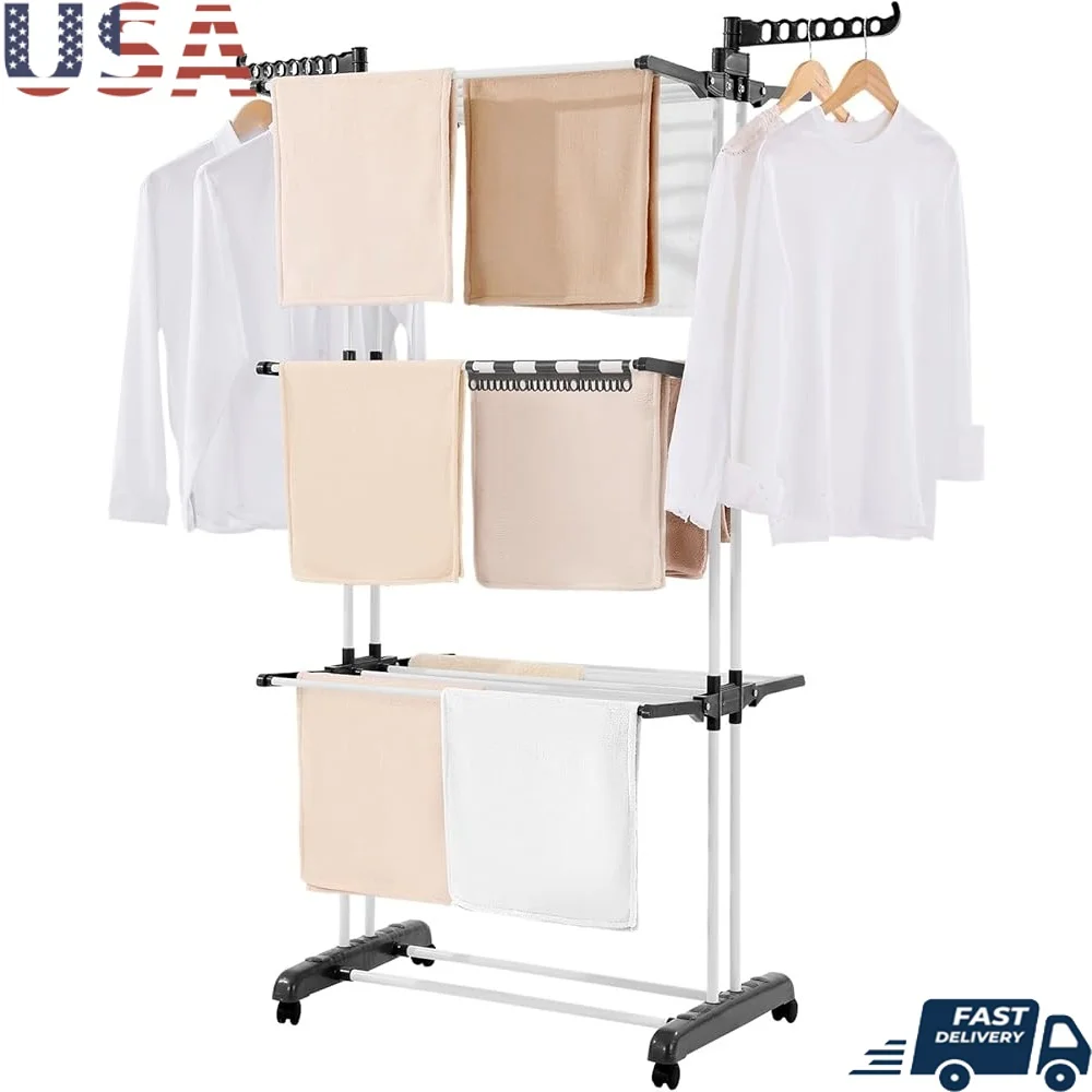 

4-Tier Foldable Clothes Drying Rack Portable Laundry Dryer Rack Metal Drying Stand with 24 Rods 360° Casters Indoor Outdoor Use