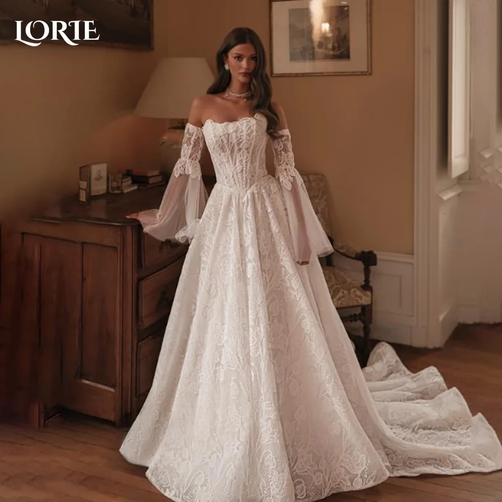 

LORIE Vintage Glitter Lace Mermaid Wedding Dresses Applique Sweetheart Flared Sleeve Bridal Gown Princess Bride Dress Customized