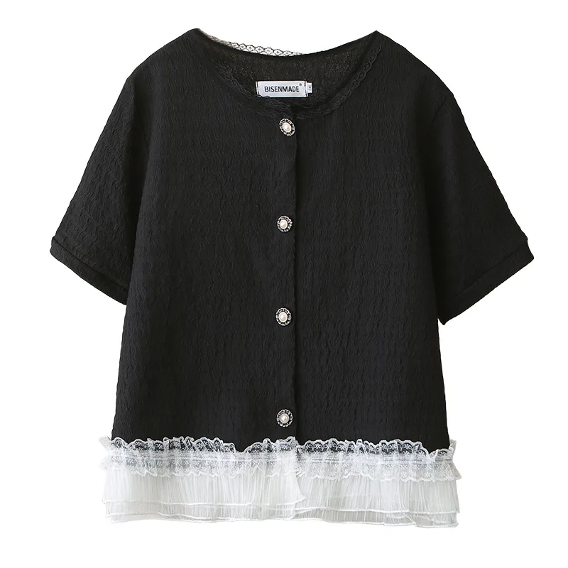 

Летняя блузка больших размеров 2026 с коротким рукавом, кружевными вставками и сетчатым кардиганом, элегантный топ для пышных женщин # 8835