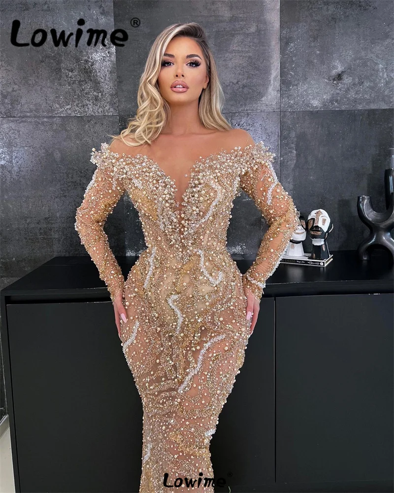 2024 Haute Couture Champagne Evening Dresses Luxury 2023 Long Sleeves Beaded Prom Dress Robe De Soiree Mermaid Party Gowns Plus