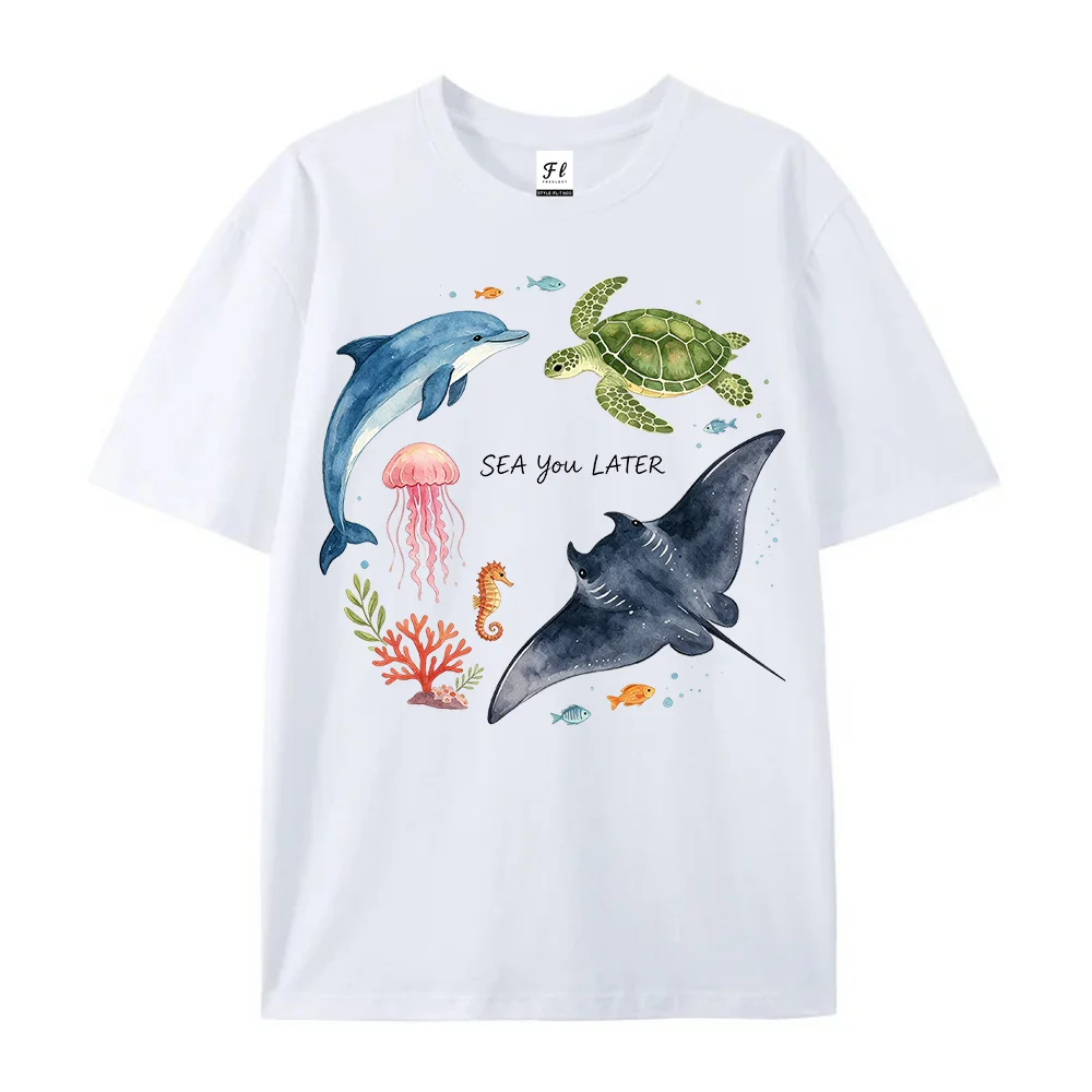 Women Sea You Later T Shirt Sea Life Dolphin Turtle Graphic White Oversized Short Sleeve Cotton Summer Casual Tops