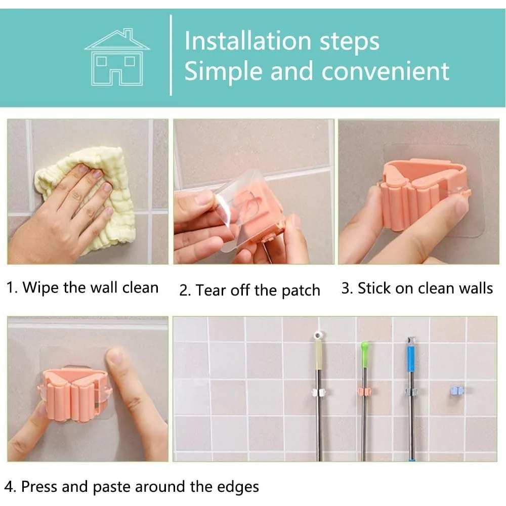 No Drill Mop Broom Holder Wall Mount, Self‑Adhesive Mop Gripper Clip, Punch‑Free Bathroom Storage Organizer for Cleaning Tools, 4 Pcs, Random Color