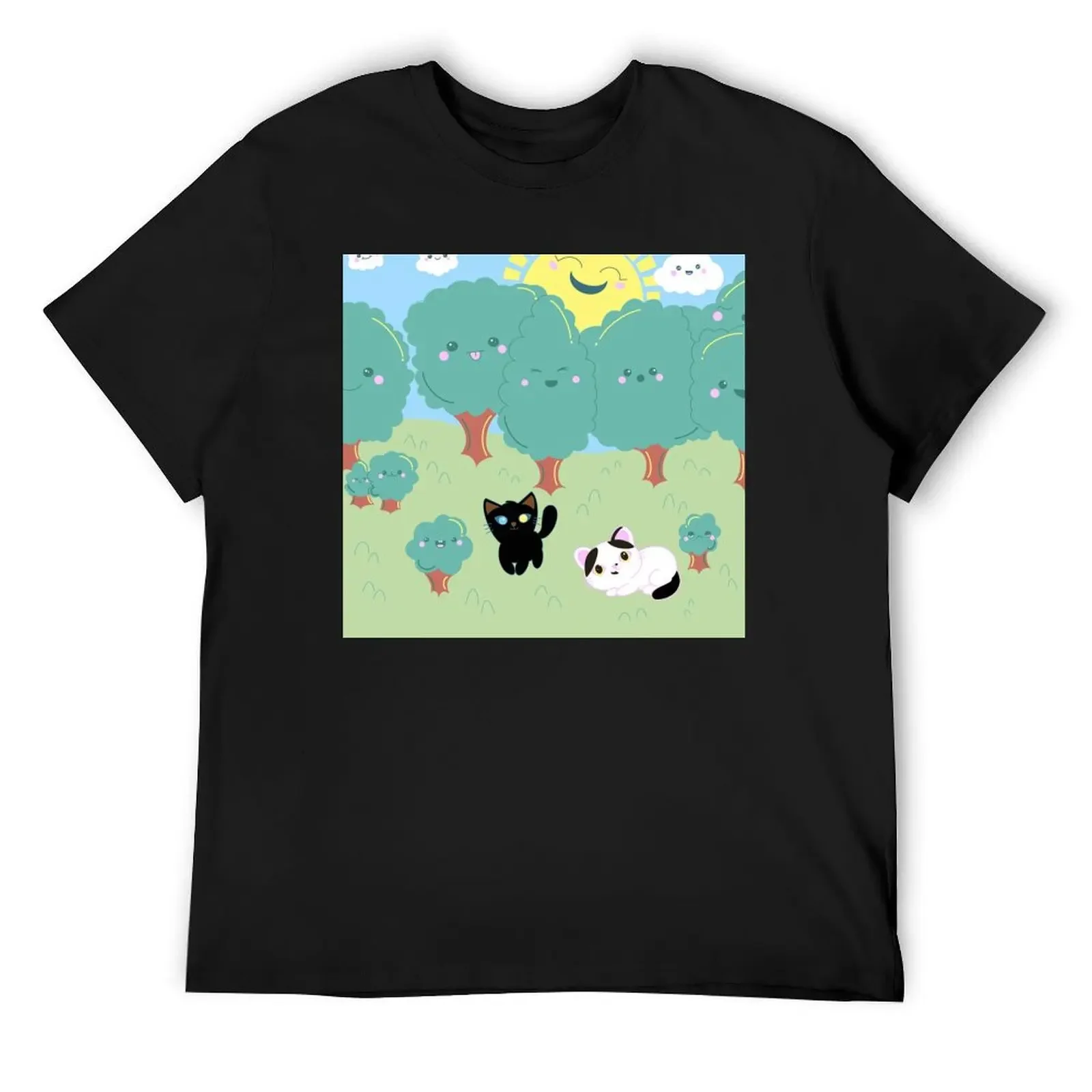 Kawaii Cats in Forest Under Sunny Skies T-Shirt anime clothes korean fashion graphic shirts man t shirt plain black t shirts men