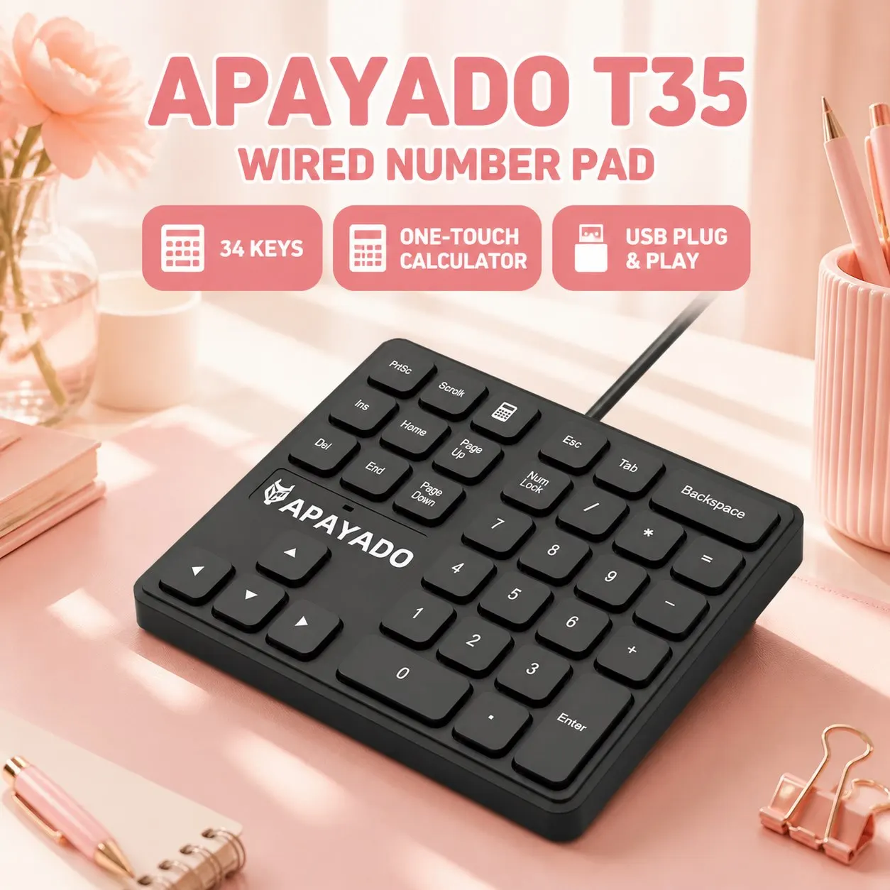 T35 34キー USB有線数値キーパッド計算機 ボタン滑り止めパッド 矢印操作キー 1.5mケーブル PC用