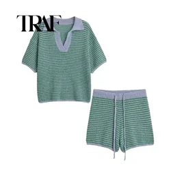 TRAF High Waisted Knitted Shorts Sets For Women 2 Pieces Fashion Polo-Neck Women's Suit Two Piece Set Women Outfit