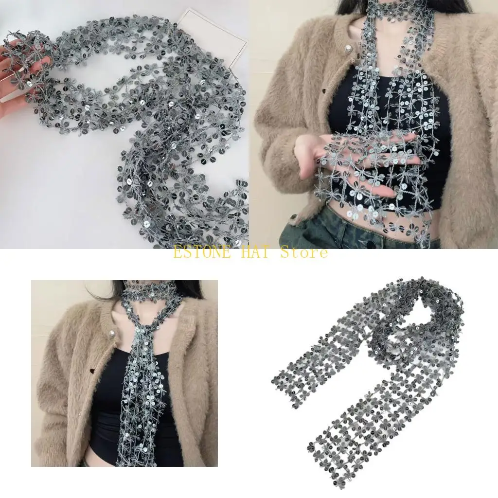 

49MF мерцающее серебряное ожерелье-шарф для модных женщин, удобный шарф из полиэстера