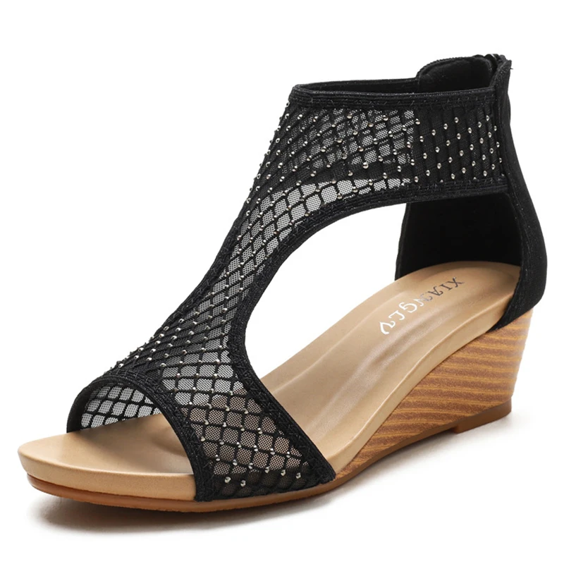 Sandals women's shoes summer comfortable casual mesh women's shoes thick-soled wedges round toe sandals women