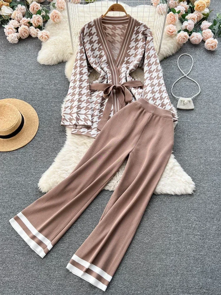 Autumn Winter Women Sweater Two-piece Suit Houndstooth Long-sleeved Cardigan Coat High Waist Drape Casual Long Pants Top D1939