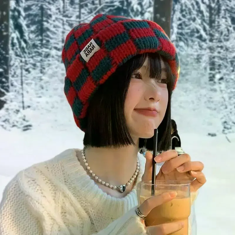 رقعة الشطرنج منقوشة متماسكة بيني للنساء الشتاء الكورية محيط الرأس الكبير البلوز قبعة قبعات الرجال اليابانية الرجعية #4
