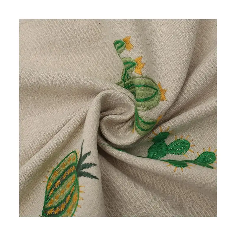 Thick Cactus Embroidered Cotton Linen Fabric for Bag Pillowcase Diy Sewing