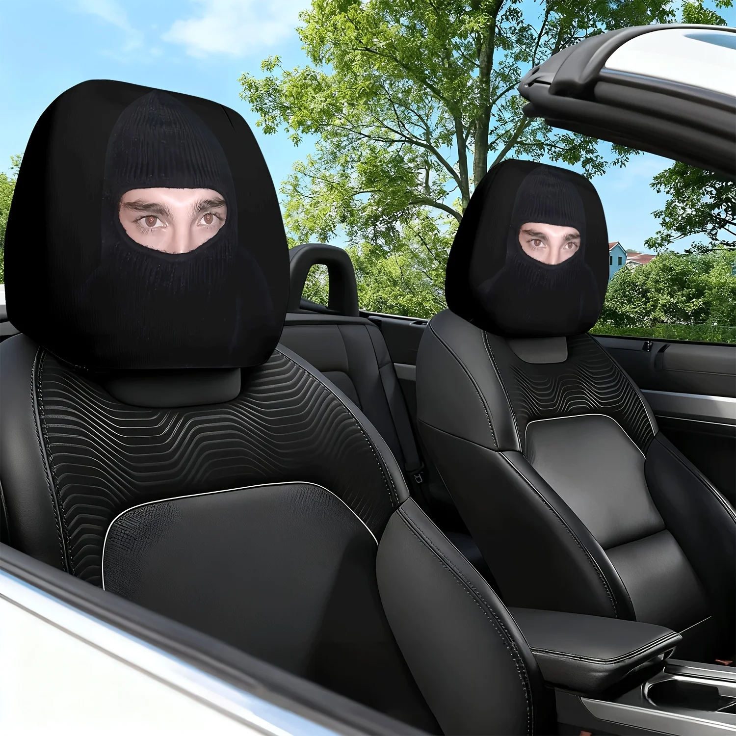 2pcs Dark Style Trend Red-Eyed Character Close-Up Themed Printed Car Seat Cushion Headrest Neck Pillow Cover - Featuring a Cut