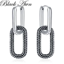 Black Awn Classic Silver Color Round Black Trendy Spinel Engagement Hoop Earrings for Women Jewelry Bijoux I324