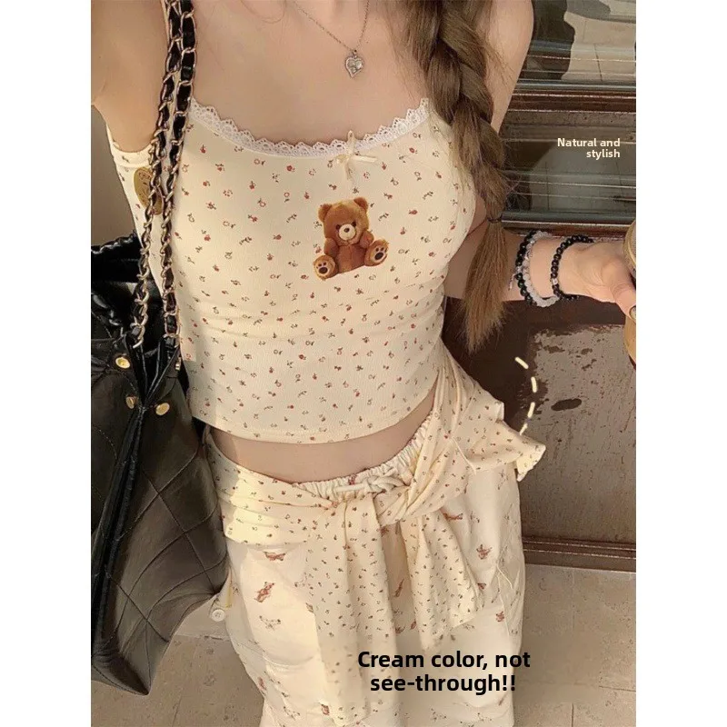 BM Little Bear Printed Lace Splice Floral Strap Vest Women's Waist-Cinching Slimming Sweet-and-Spicy Base Top Women