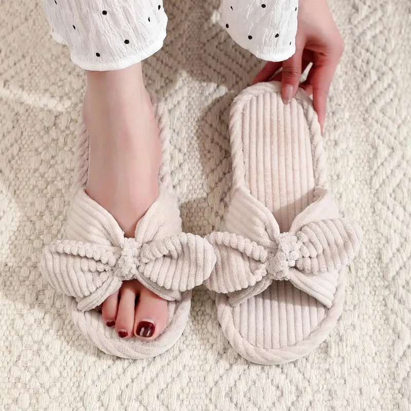 Women\'s Corduroy Bow Living Room Shoes Slippers Home Soft Casual Autumn Winter Silent Light EVA Anti Slip Herringbone Slippers